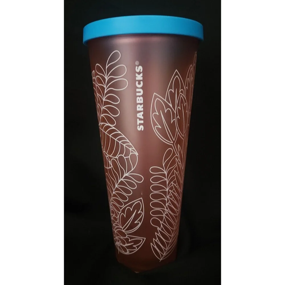 Starbucks 2016 Cup Tumbler Plastic Orange White Leaves  Blue Lid No Straw 9